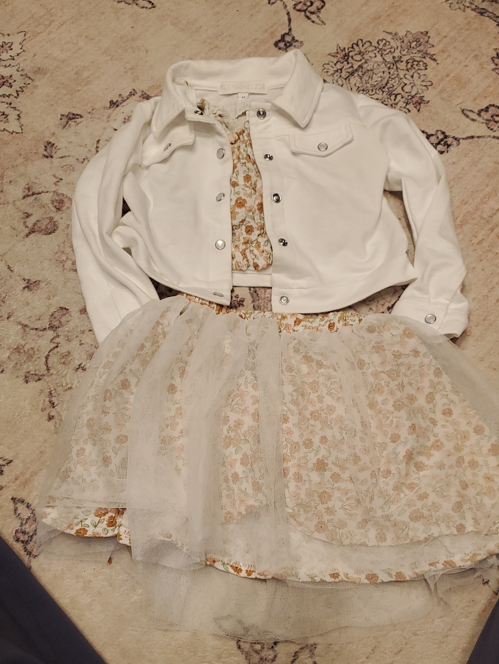 Rachel Zoe White Jacket with Cream and Gold Floral Tulle Skirt